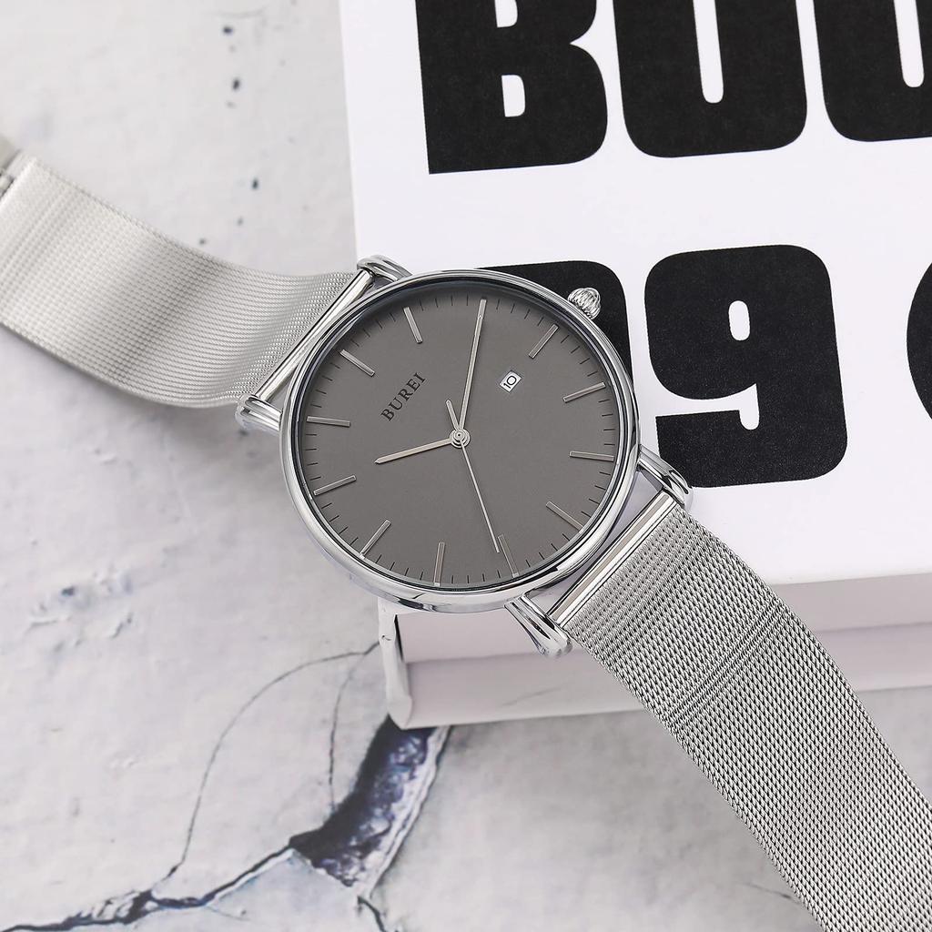 BUREI Men's Analog Quartz Waterproof Date Stylish Simple Milanese Mesh Band Silver Gray Wristwatch
