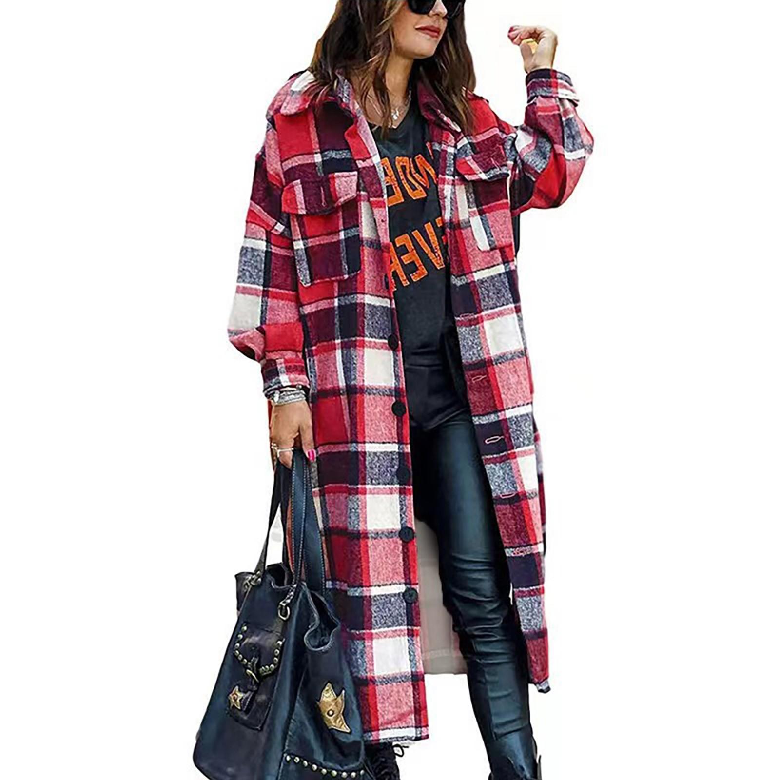 

Женское повседневное свободное однобортное длинное пальто в клетку с длинными рукавами и пуговицами M красный