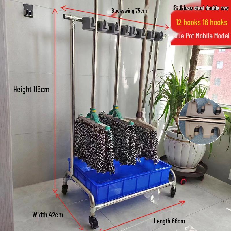 Movable Stainless Steel Mop & Broom Hanger - Floor-Standing Punch-Free Storage Rack for Balcony & Bathroom