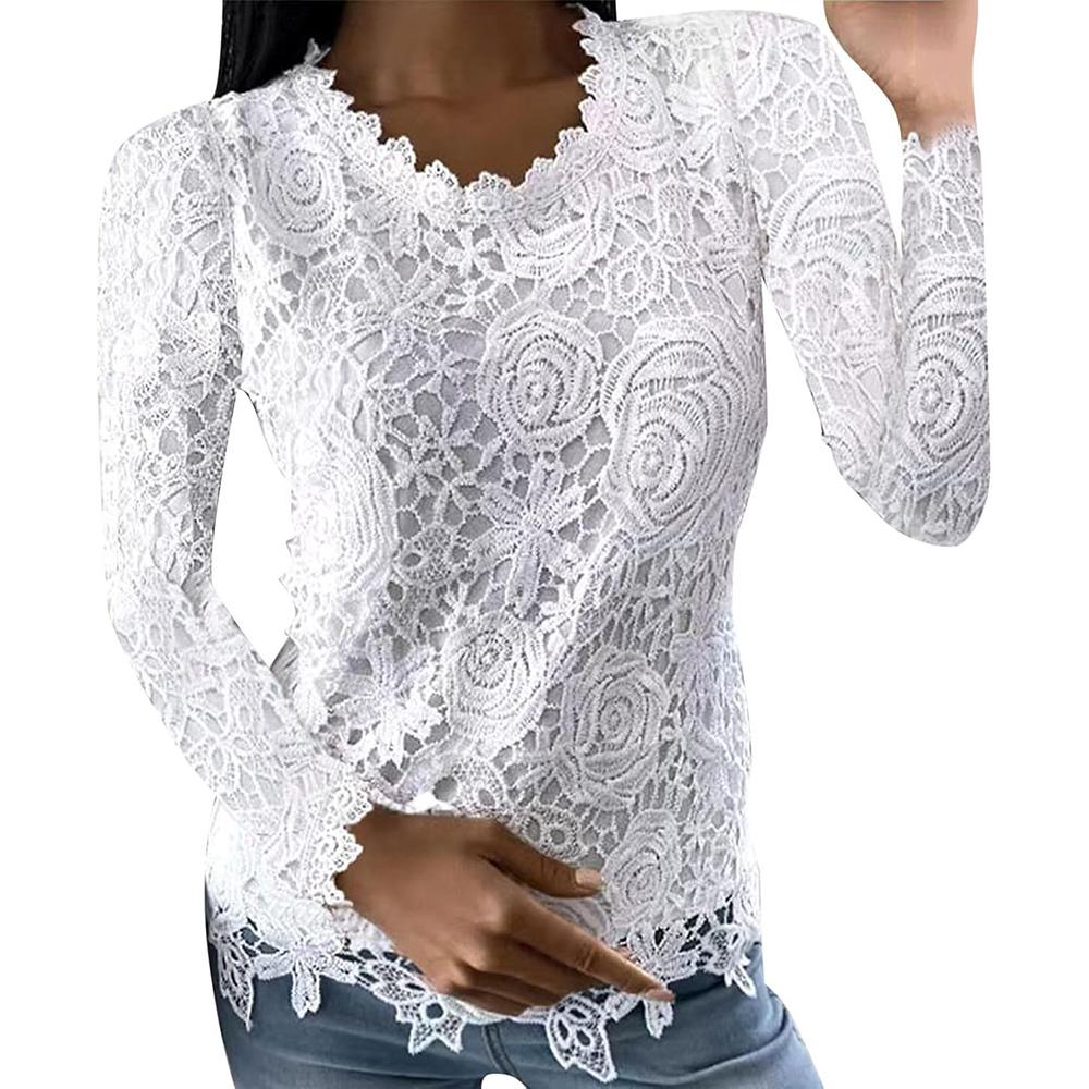 

Женские топы Футболки с длинным рукавом Кружевные облегающие блузки Туники с круглым вырезом Топы Осенняя рубашка Свободный пуловер Блузка 5XL белый