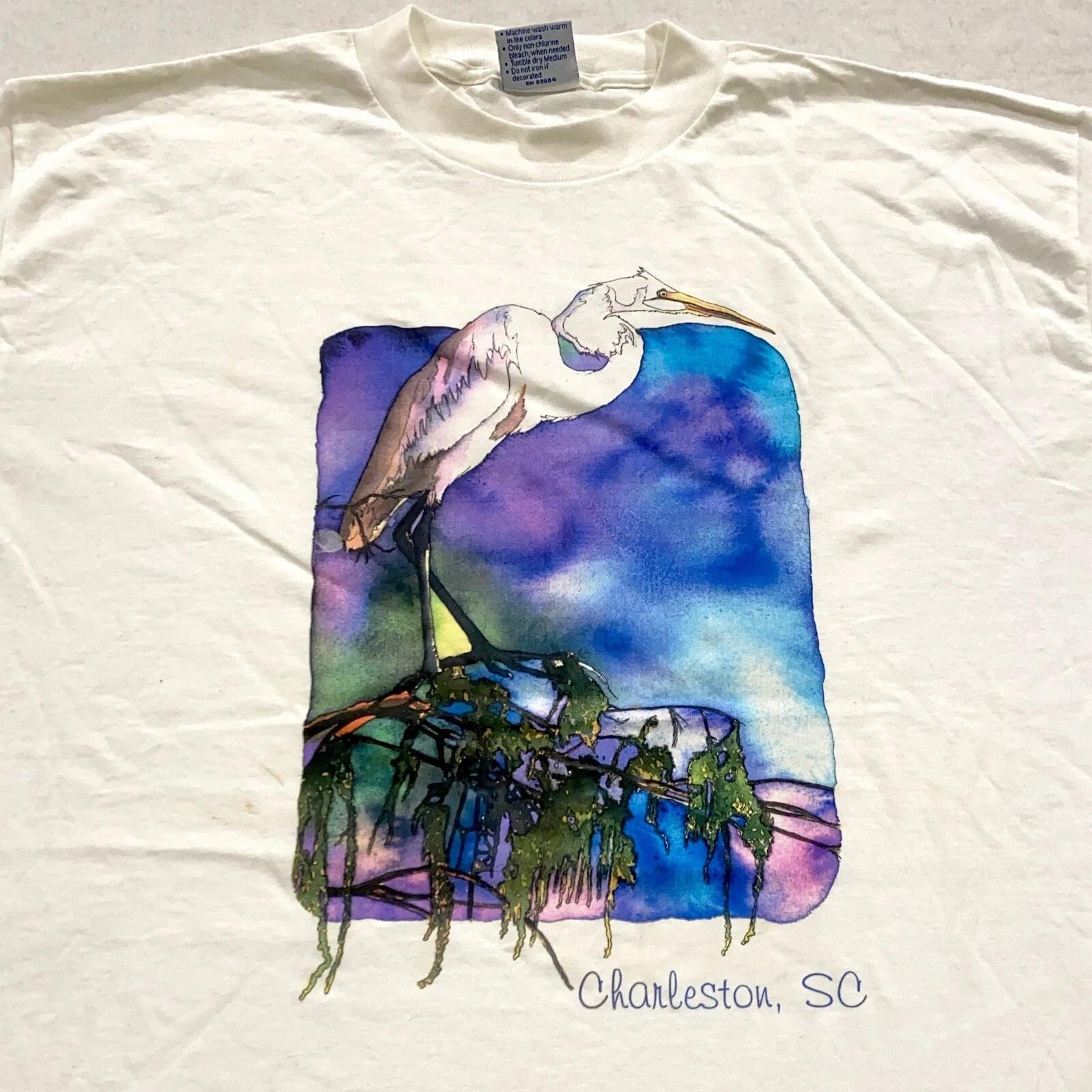 vtg 90s GREAT EGRET CHARLESTON SOUTH CAROLINA WATERCOLOR T-Shirt XL heron art 4XL