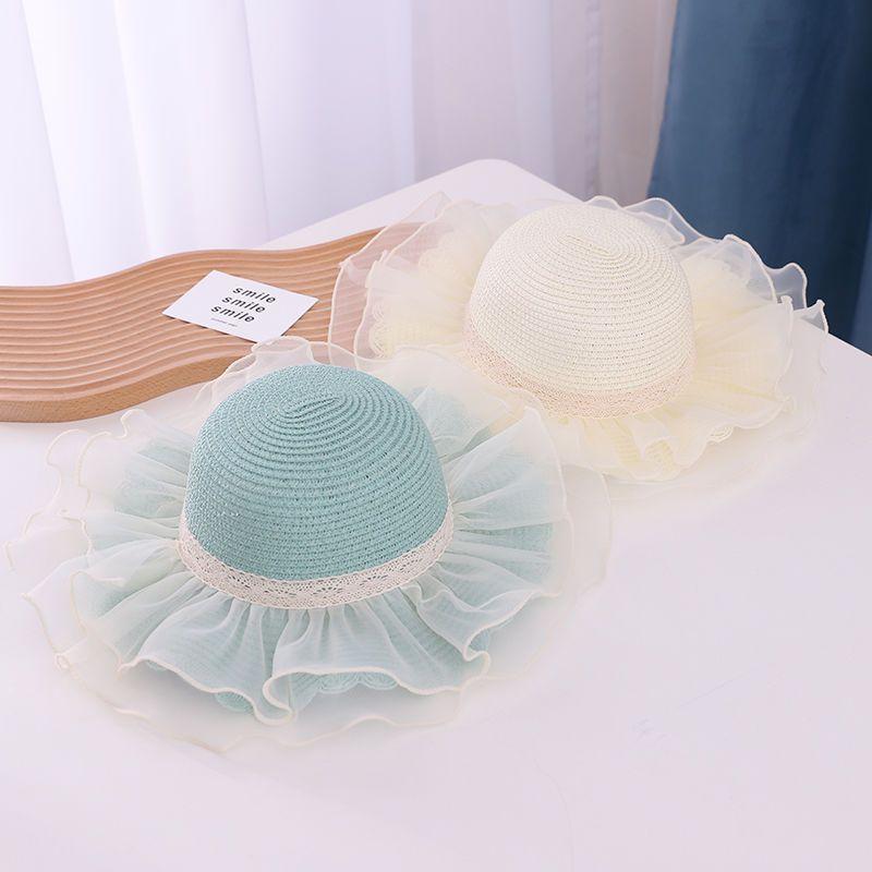 Chapeau de Paille d'Été pour Bébé Fille Couleur Unie Dentelle Volant Chapeau de Pêcheur pour Enfants Casquettes de Plage d'Extérieur Pare-soleil Chapeaux Bob à Large Bord