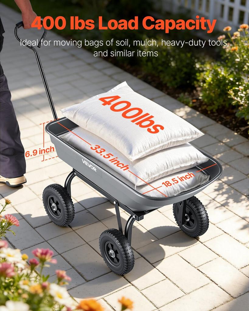 Carro de Volteo para Jardín, Carro de Volteo de Polietileno de 181 kg, Carros de Jardín Volquete con Mecanismo de Volteo Rápido de 90°, Ruedas Giratorias de 180°, Rodamientos Giratorios Flexibles de 270°,