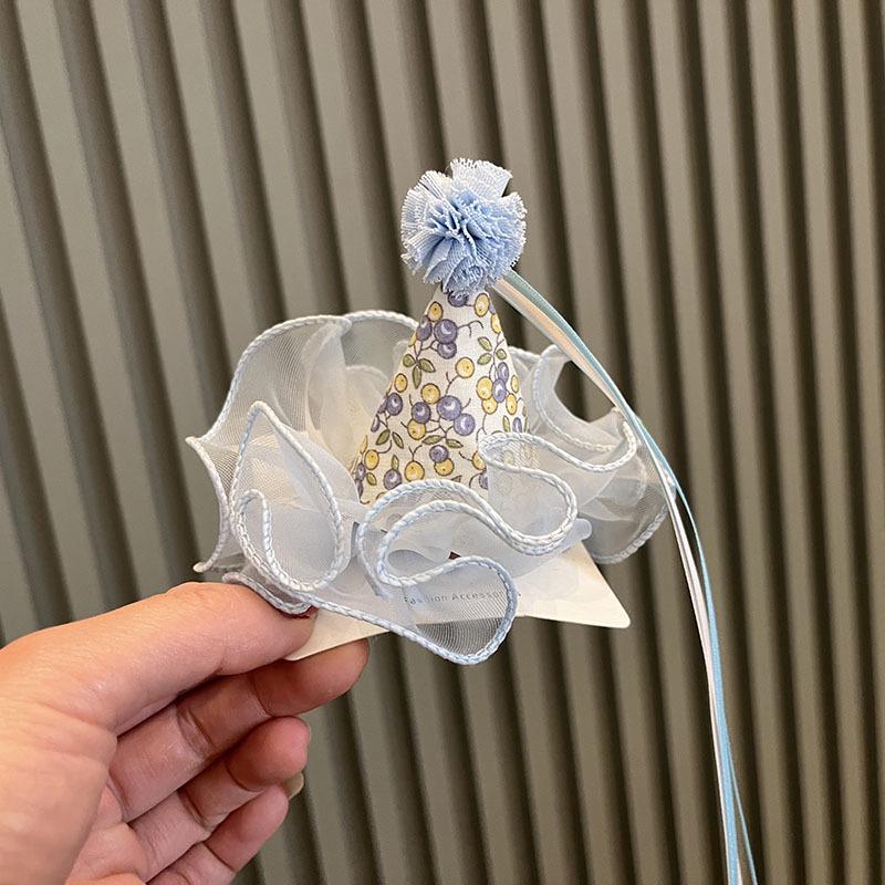 Princess Gauze Flower Ribbon Birthday Hat Hair Accessory - Fashionable Baby and Women's Hair Clip for Festivals & Performances