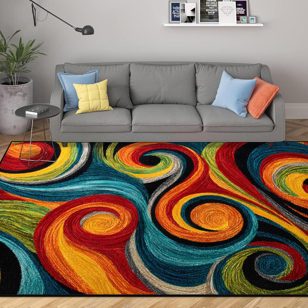 Abstract Modern Geometric Area Rugs Bedroom Living Room Non-slip Floor Mat with Vortex Red Orange Dining Room Carpet Washable
