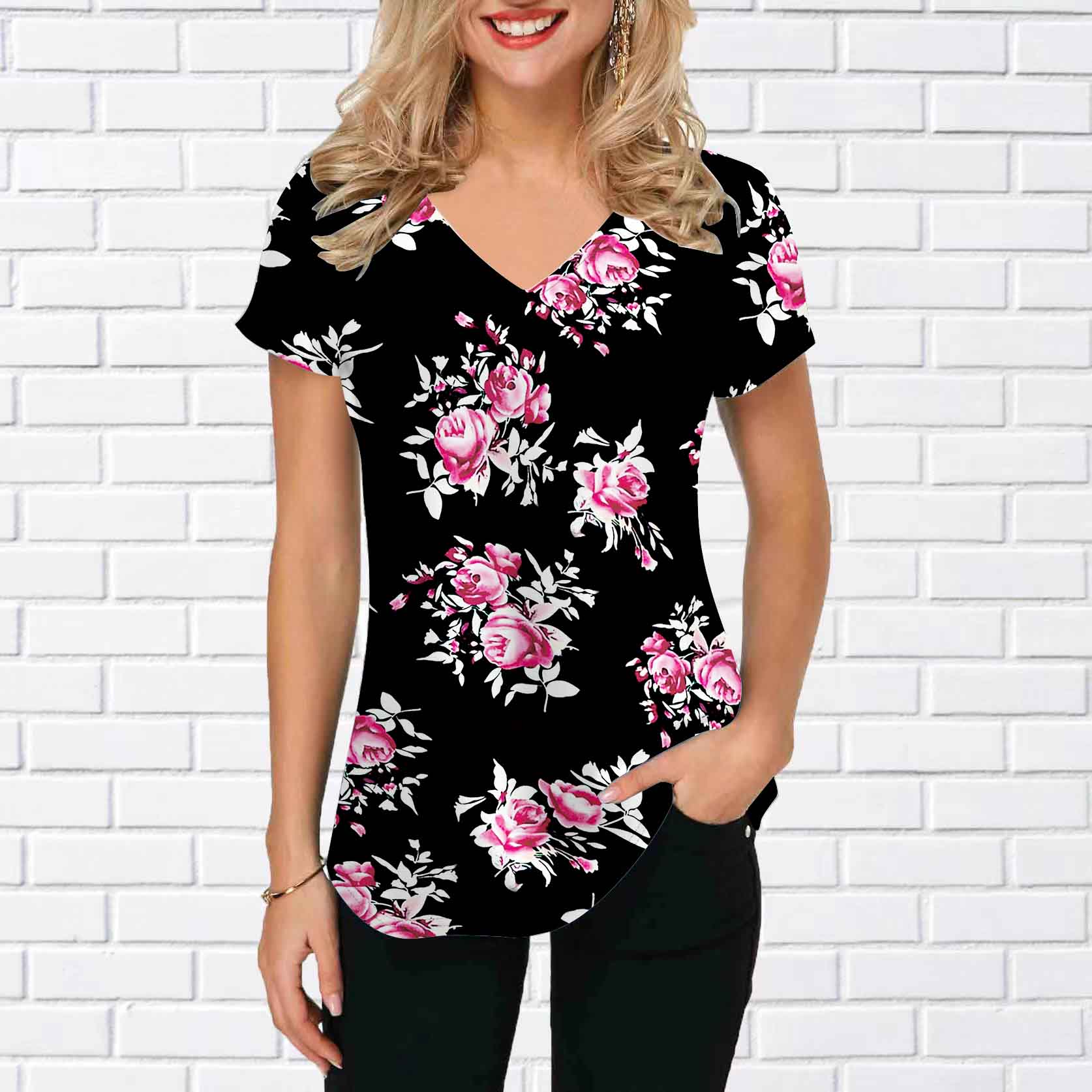 

Женские топы с v-образным вырезом и коротким рукавом, подсолнечник, розовые розы, свободная футболка, повседневная блузка 8XL чёрный