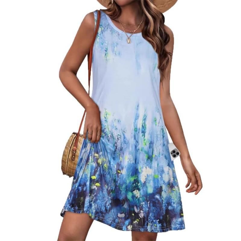 Womens 3D Pineapple Print Sleeveless Round Neck Midi Dress Casual Comfortable Style