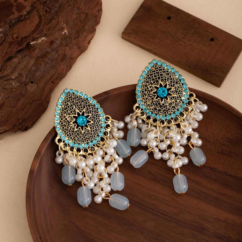 Diamond Drop Fringed Pearl Earrings Retro Bohemian Ethnic Stud Earrings Light Luxury Temperament Earrings