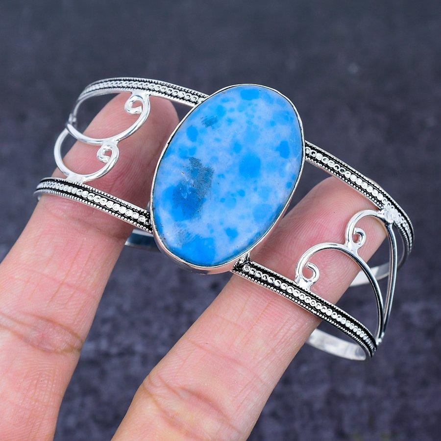 Larimar Gemstone 925 Sterling Silver Cuff Bangle Adjustable