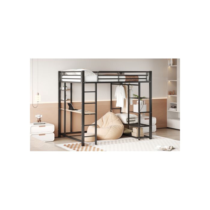 Lit mezzanine - MUVOE - 140x200 cm - Métal noir - Table de travail - Penderie intégrée