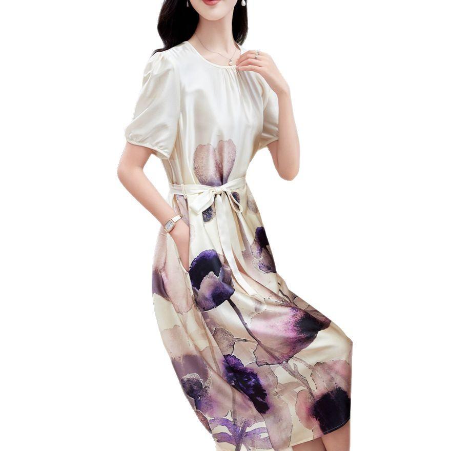 Elastic Satin Silk Dress Medium and Long Mulberry Silk Short-sleeved Belt Skirt Women