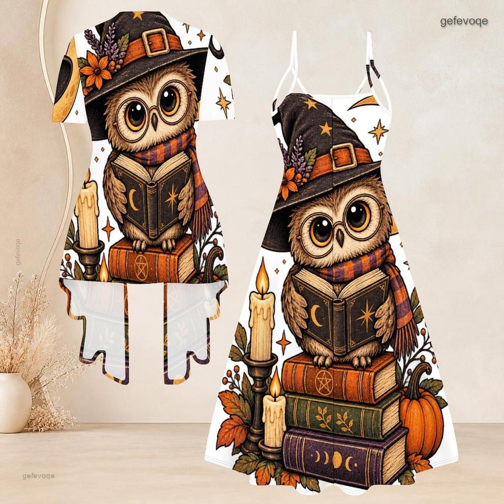 Women Plus Size 2 Piece Outfits Short Sleeve Open Cardigan V Neck Strappy Flared Dress Halloween Raccoon Printed White