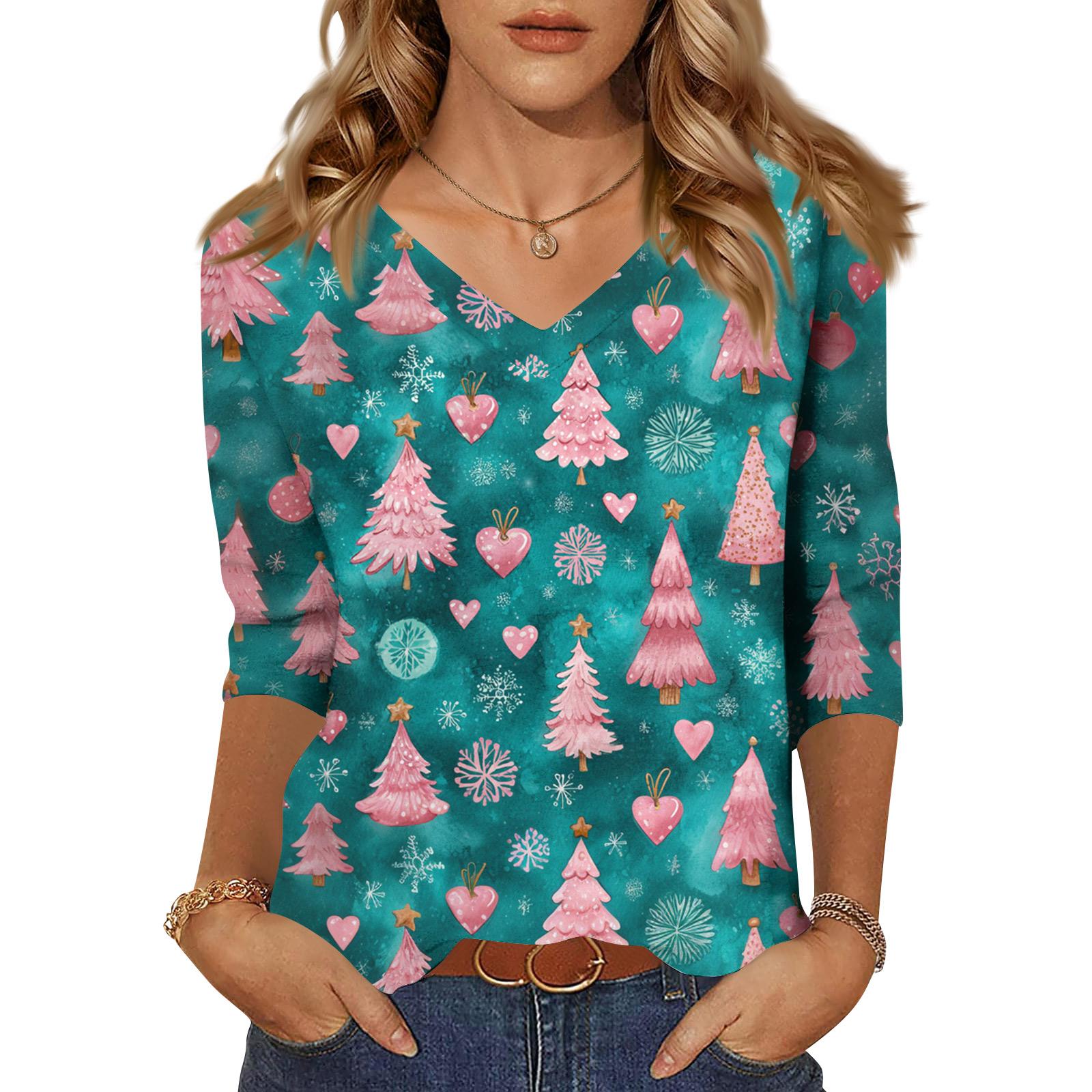 

Женские топы Рубашка с рукавом три четверти V-образный вырез Свободная повседневная рубашка Футболка с принтом XL