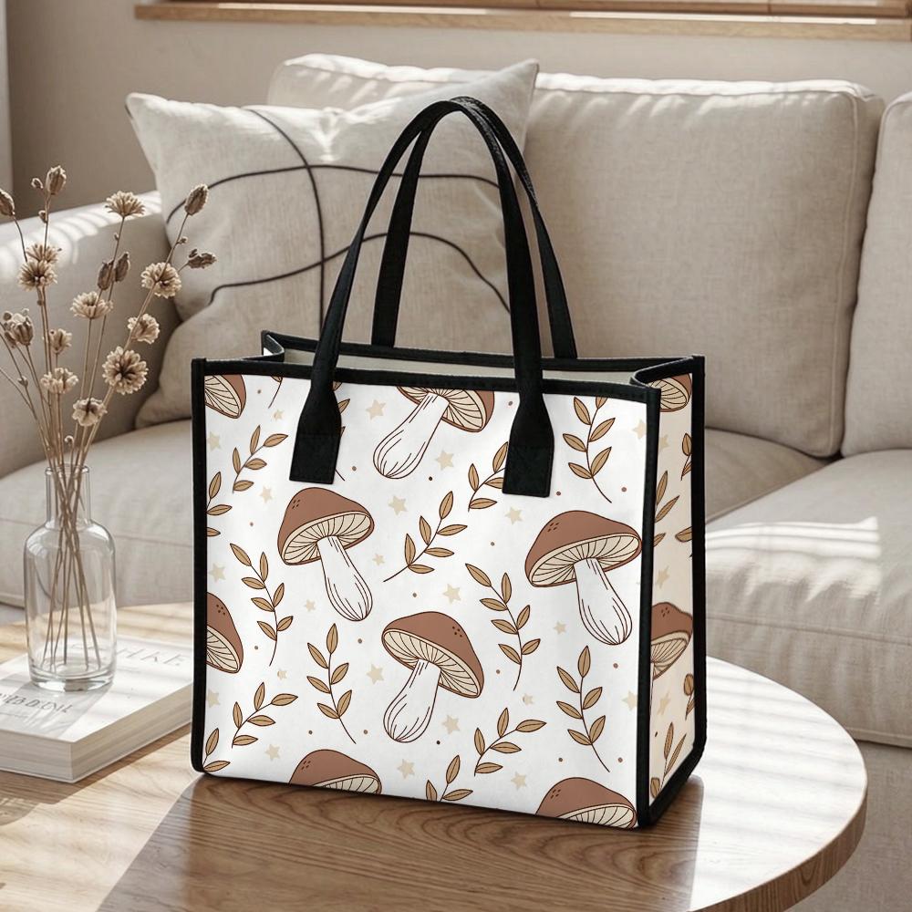 Cute Mushroom Print Tote Bag Casual Reusable Shopping Handbag for Daily Use