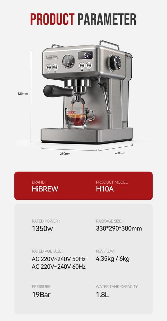 HiBREW H10A Semi Automatic Espresso Coffee Machine, 19Bar, Cold/Hot Coffee Maker