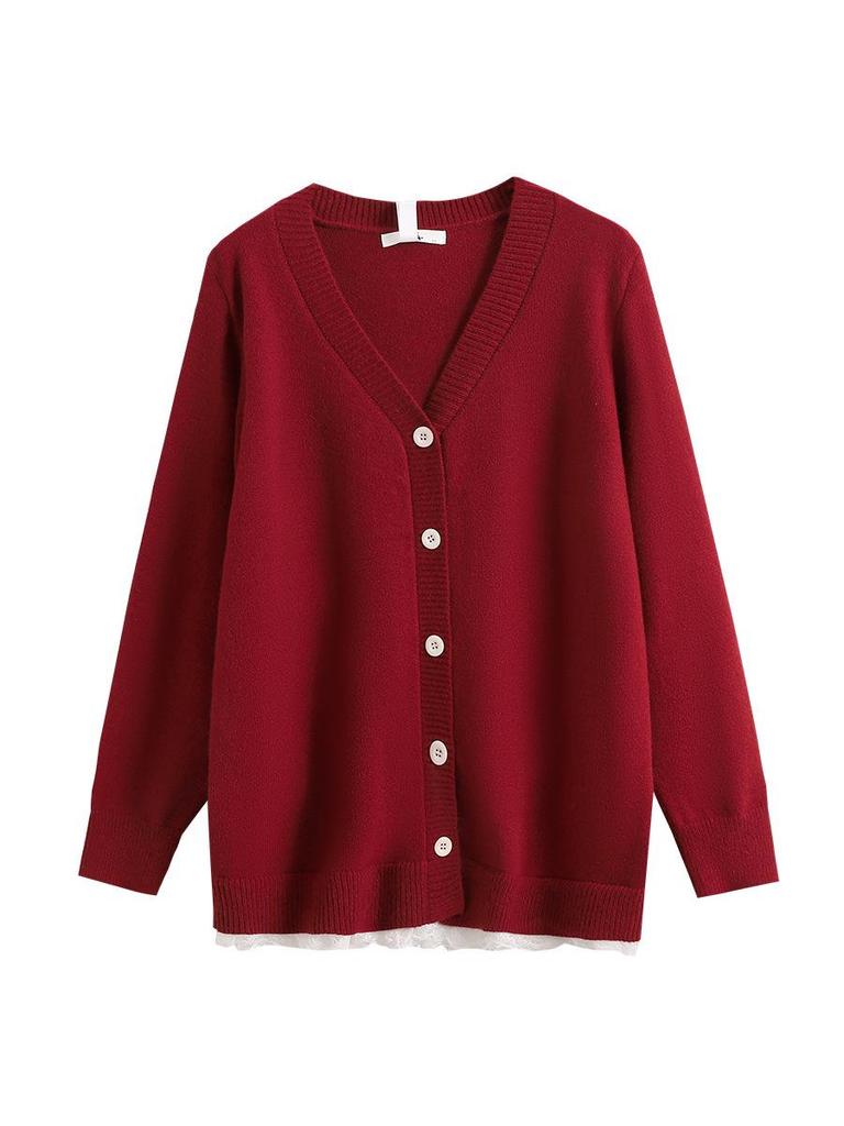 Plus Size Women's Knit Cardigan - Lace Patchwork V-neck for Autumn/Winter (130-350 Jin)