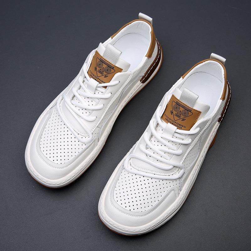 Leather Men's Shoes Thick-soled Breathable Hollow Casual Hole Shoes Men's Spring New White Shoes Tide