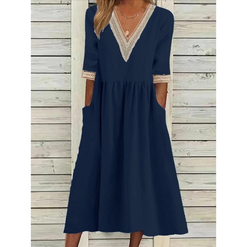 Mote V-hals Stor Størrelse Kort Erm Sommerkjole Kvinner Elegant Løs Kontor Casual A-linje Selskapsblonderkjoler Ensfarget Dame Plissert Hul Bekledning