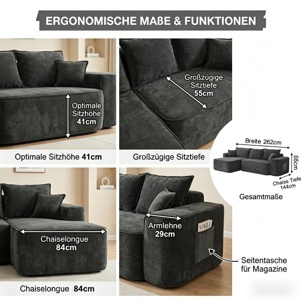L-Shape Corner Sofa, Cloud Sofa, 264cm (104") with Chaise Longue, XXL Deep Seat, No Assembly Required, Modular Sofa in Black Chenille for Living Room