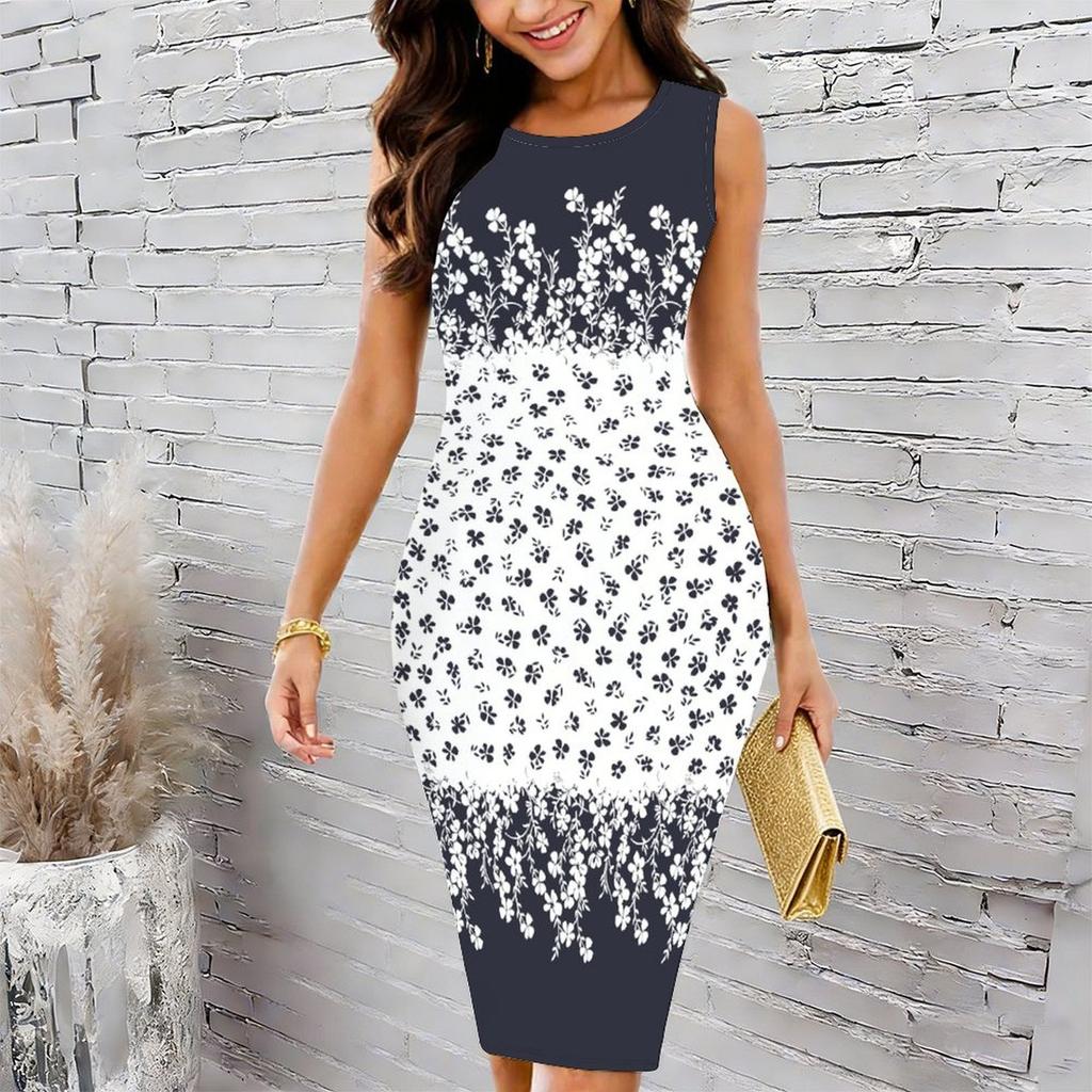 Women Plus Size Crew Neck Sleeveless Midi Dress Navy Blue Base White Cherry Blossom Branch Print Bodycon Dress