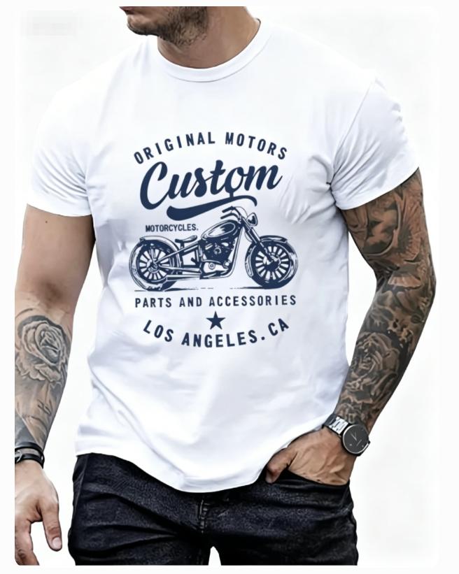 Unisexs Cotton Fashionable Casual Loose Oversized Retro Motorcycle Pattern Printed Round Neck Short Sleeved Tshirt Breathable Dry