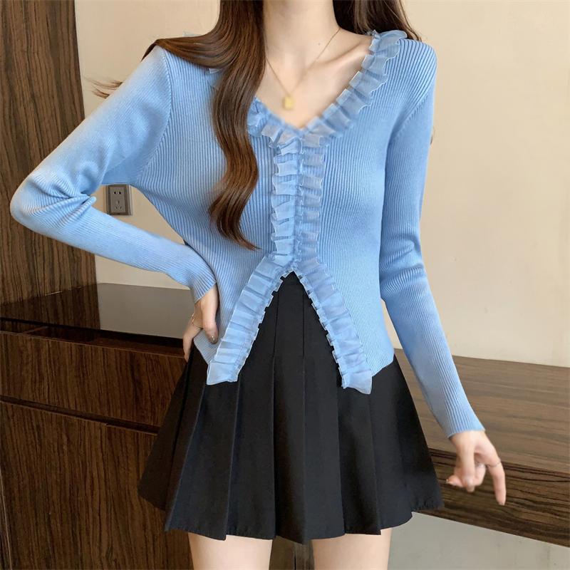 

Женский трикотажный топ, однотонный, с V-образным вырезом, кружевом, лоскутным узором, разрезом, длинными рукавами One Size синий