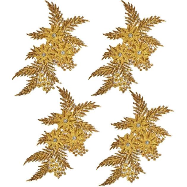 4er-Pack 3D-Blumen-Pailletten-Applikation mit Strass-Glitzer-Perlen-Stickerei, Stoff-Spitzenbesatz für Hochzeit, Brautkleid, Kleid, Tasche, Kissen