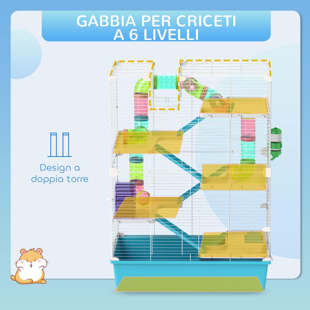 6-Level Hamster Cage with Tunnel, Wheel, Ramps, House, Bottle and Bowl, Blue