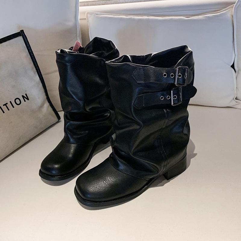 Boots women's summer 2025 new high-end black western cowboy boots thick heel pleated pile boots medium tube knight boots