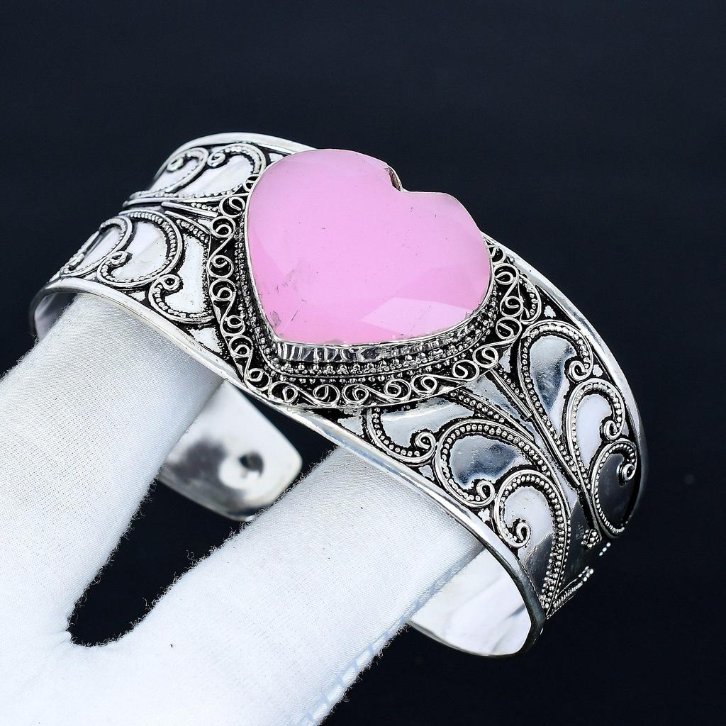 Pink Chalcedony Heart Gemstone Bracelet, Bangle Adjustable Bracelet, 925 Sterling Silver Jewelry, Engagement Gift, Pink Chalcedony Bracelet Gift