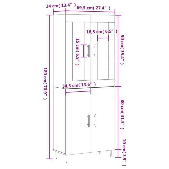 VidaXL Buffet haut Gris béton 69,5x34x180 cm Bois d'ingénierie 3198205
