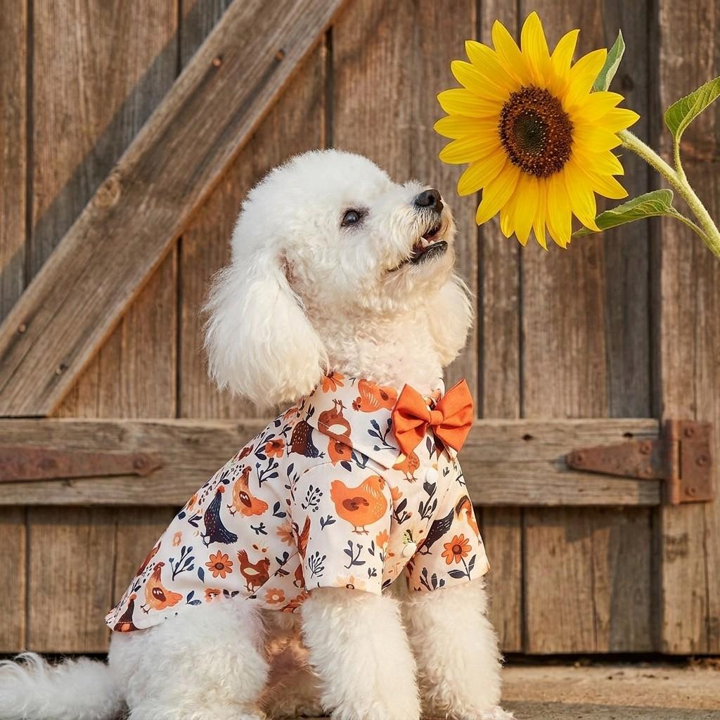 Fall Dog Shirt Chicken Print Pet Clothes with Bowtie Autumn Harvest Floral Puppy Thanksgiving Apparel for Small Medium Dogs Cats