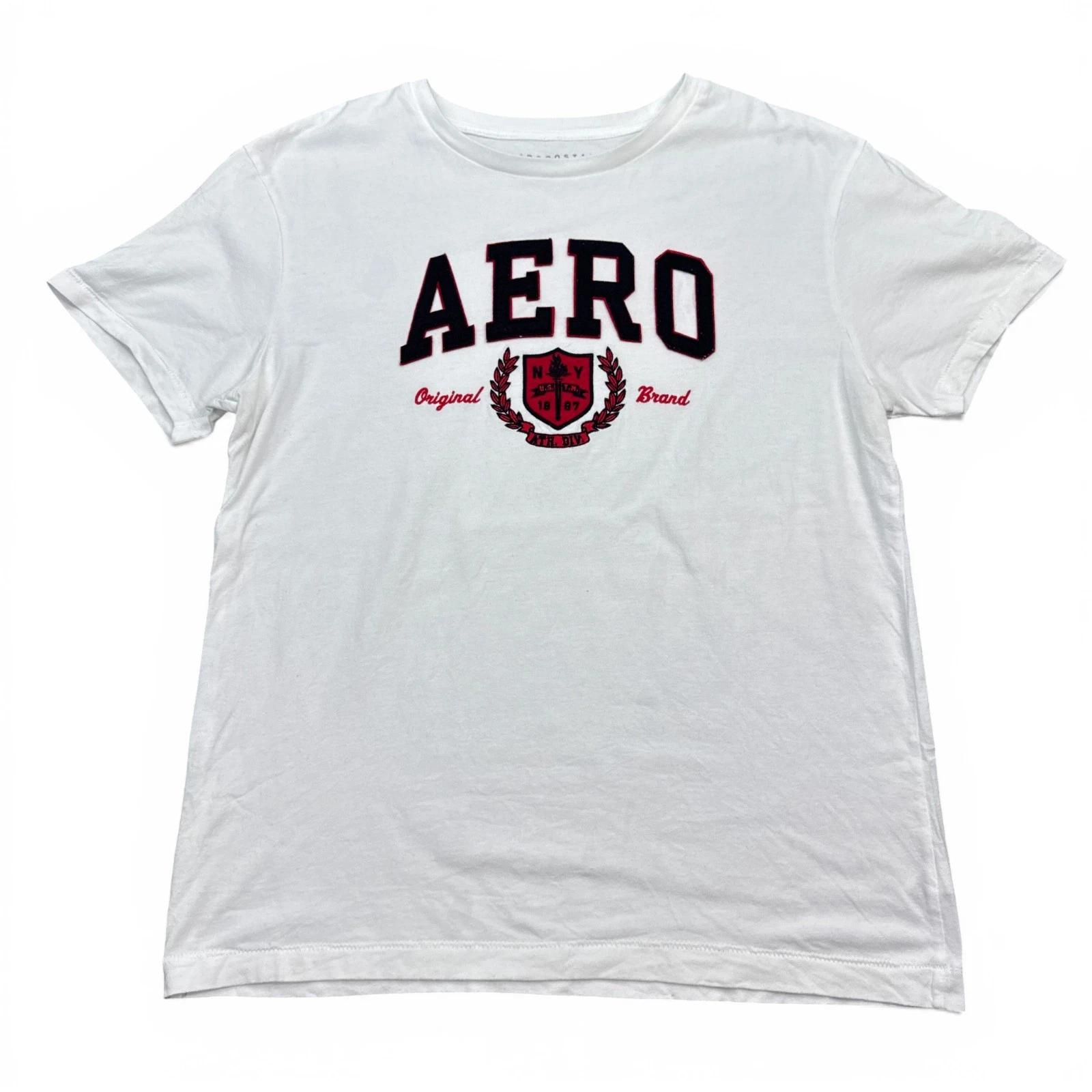AERO Aeropostale Y2K T Shirt Mens Size Medium White Red Stitched Logo Crew L