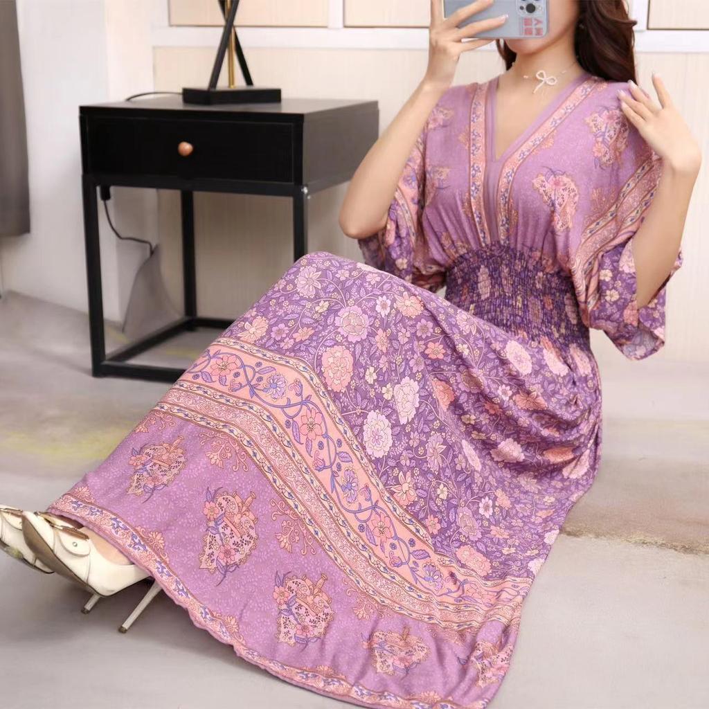 Ethnic Style V-neck Cotton and Silk Short-sleeved Beach Dress Thailand Travel Dress Summer Print Vacation Floral Skirt