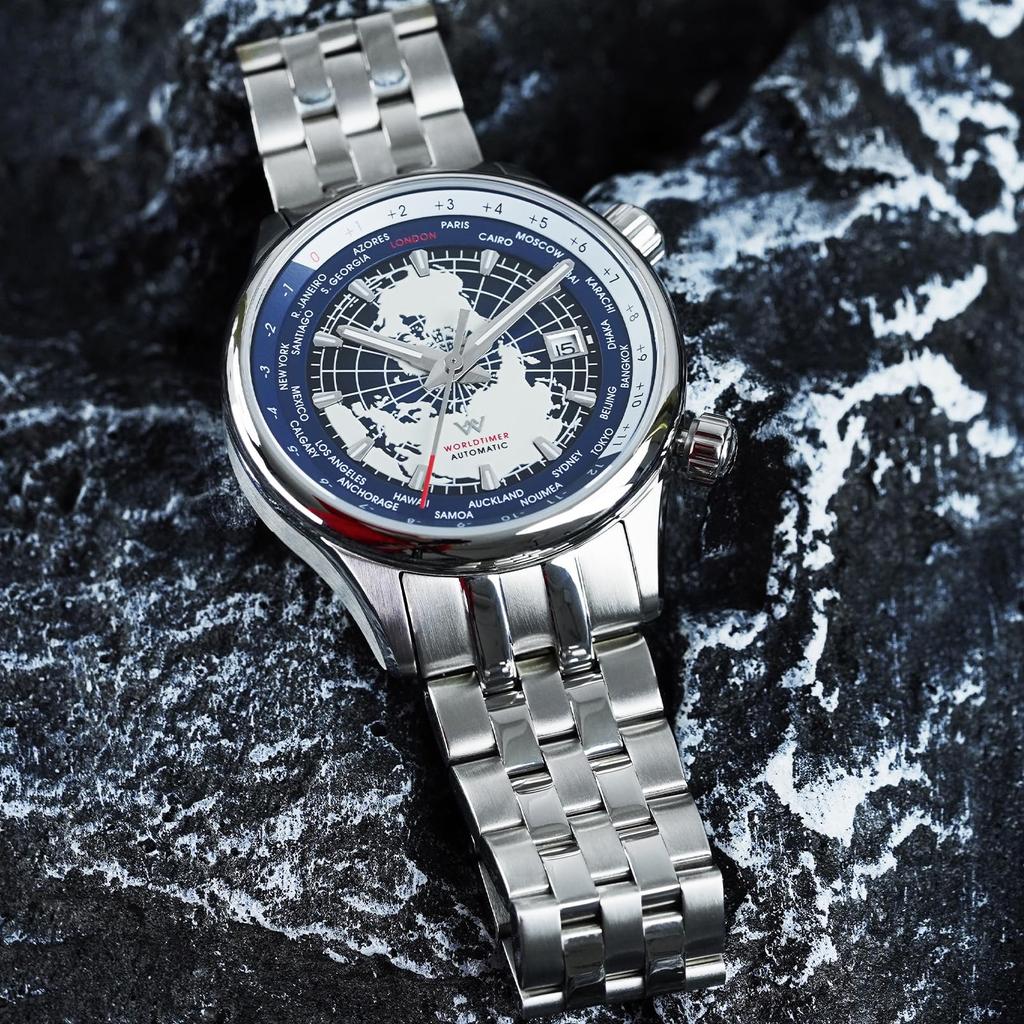 Montre pour Homme avec Fonction Heure Mondiale, Résistance à l'Eau 100M, Simple, Élégante, Populaire et Formelle - WM057 - Argent Bleu