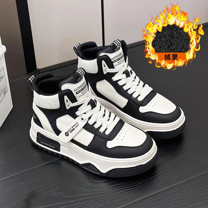 High-top women's leather platform casual board shoes autumn and winter new velvet thermal sneakers