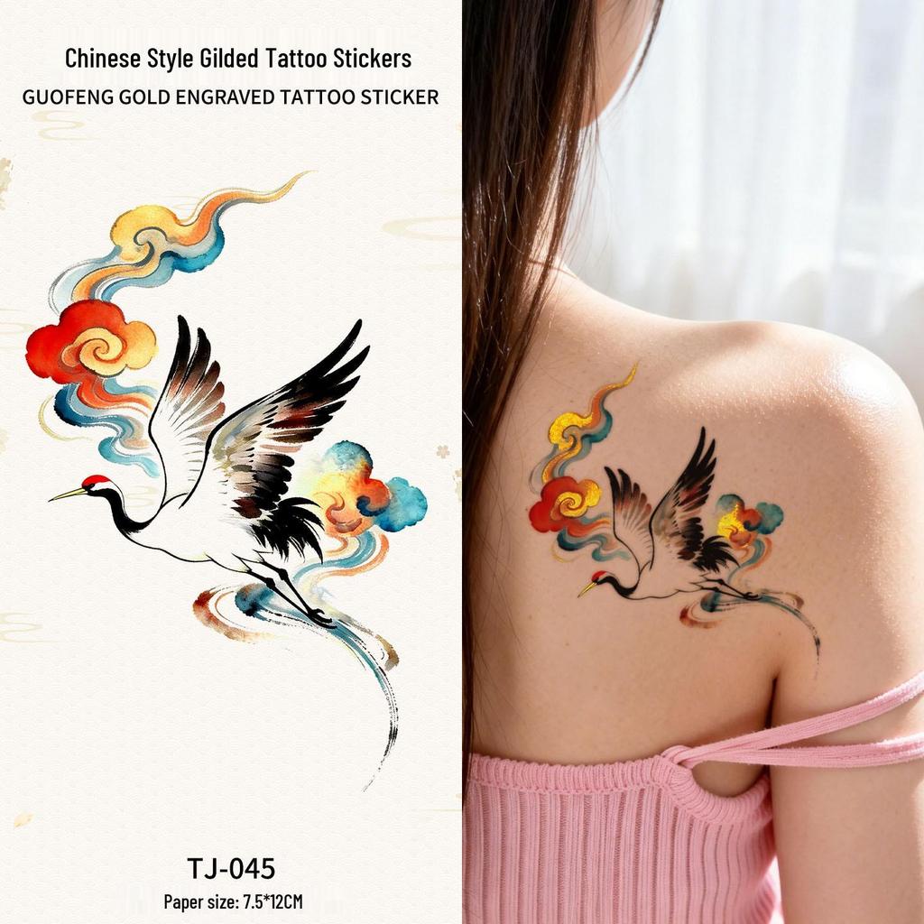 Chinese Style Waterproof Phoenix & Koi Tattoo Sticker - Long-lasting, Aesthetic Dunhuang Design for Arm & Collarbone