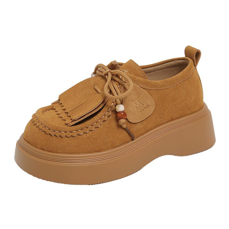 Loafers Women's 2025 New Design Beaded Tassel Lace-up Single Shoes Autumn Small Height Increase Boken Shoes