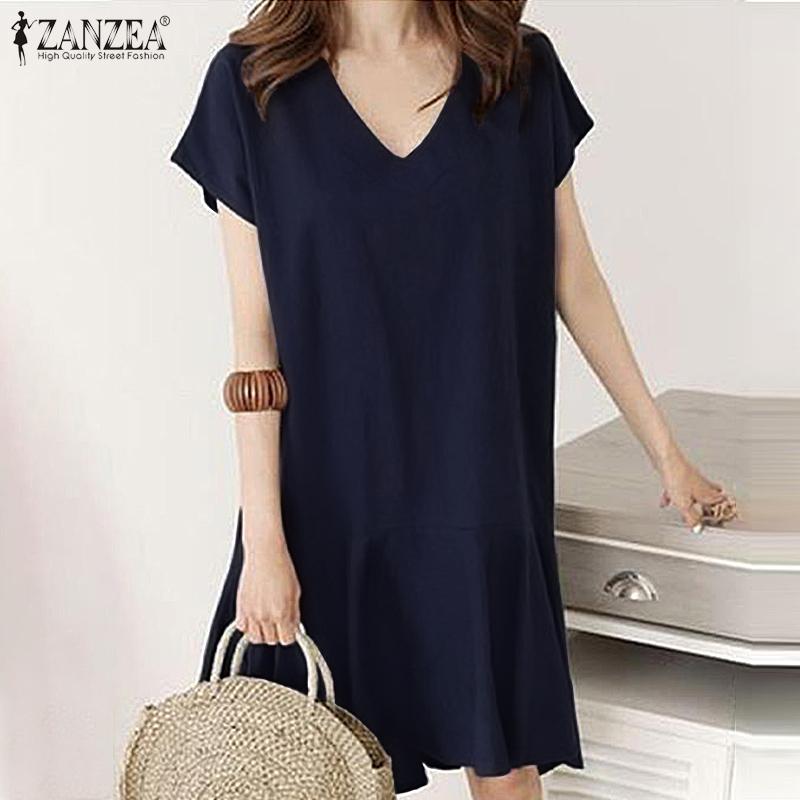 

ZANZEA женское летнее однотонное свободное мини-платье с v-образным вырезом