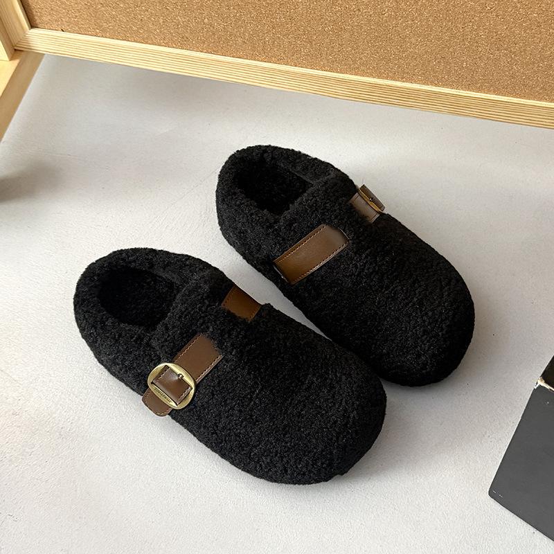 

Тапочки Mao Mao женская верхняя одежда 2025 осень и зима новая корейская версия на плоской подошве с одним педалем ленивый мешок голова хлопковые тапочки 40 чёрный