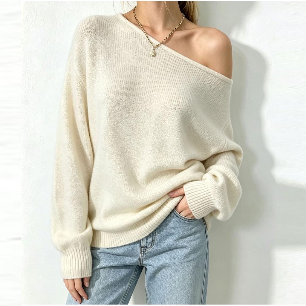 Women's Off-Shoulder Long Sleeve Knit Pullover Sweater