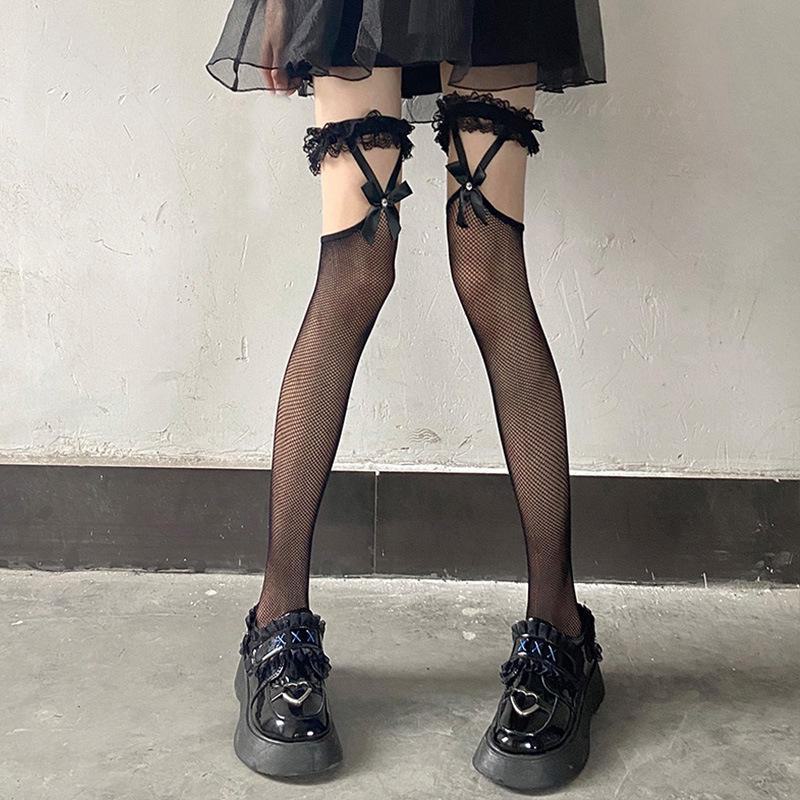 

Черные кружевные чулки с бантом для чулок - выше колена в сетку для женщин butterfly suspender knee socks, one size чёрный