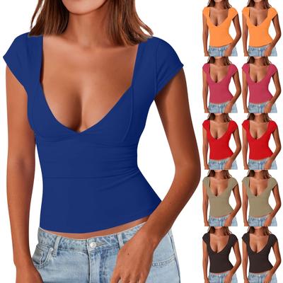 Camiseta ajustada de manga corta con escote en V profundo y espalda descubierta para mujer