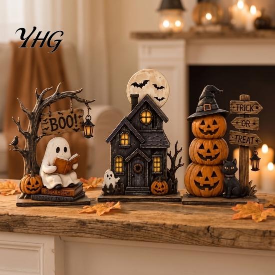 Haunted House Tabletop Sign 3Pcs Halloween Wooden Decorations, Fall Ornaments with Ghost Black Cat Pumpkin Spooky Cute Home Accents Elements,