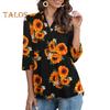 Women Shirt V-neck 3/4 Roll-Up Sleeves Lightweight Tops Flower Print Flowy Hem Tunic Tops Daily Wear