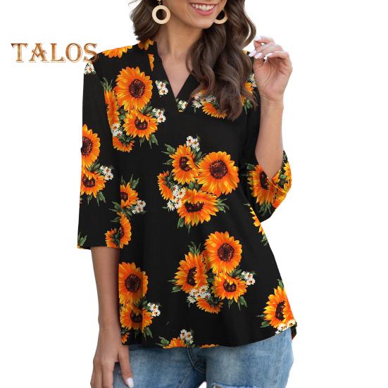 Women Shirt V-neck 3/4 Roll-Up Sleeves Lightweight Tops Flower Print Flowy Hem Tunic Tops Daily Wear