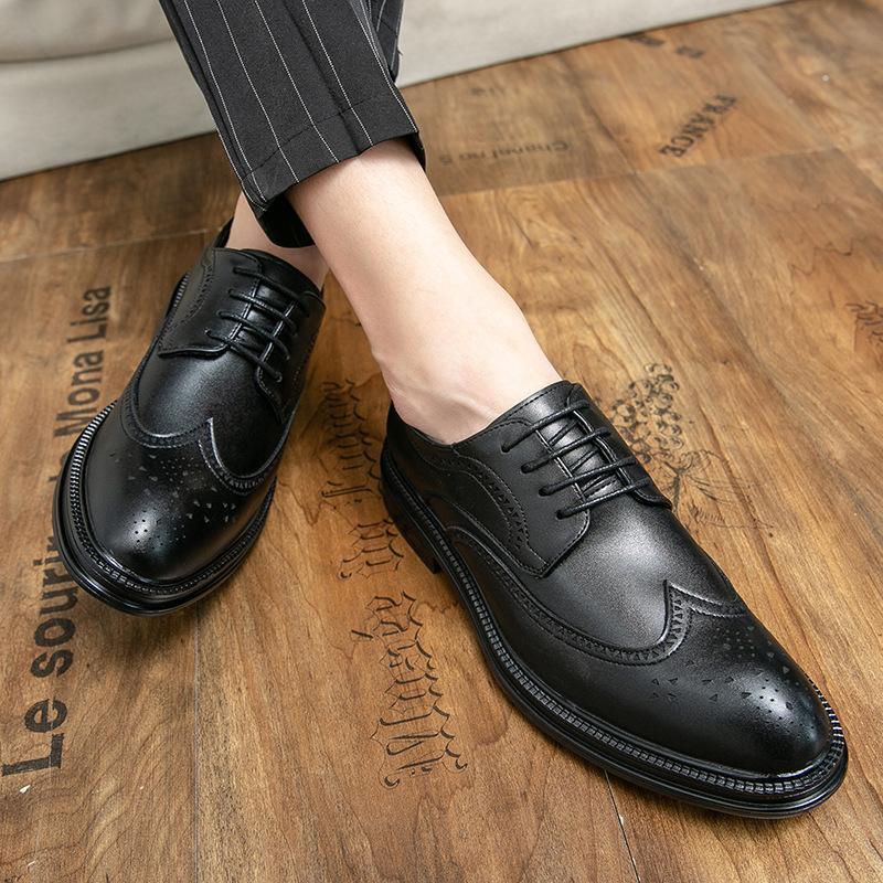 22 cheap black business dress leather shoes casual British style block carved groom wedding shoes