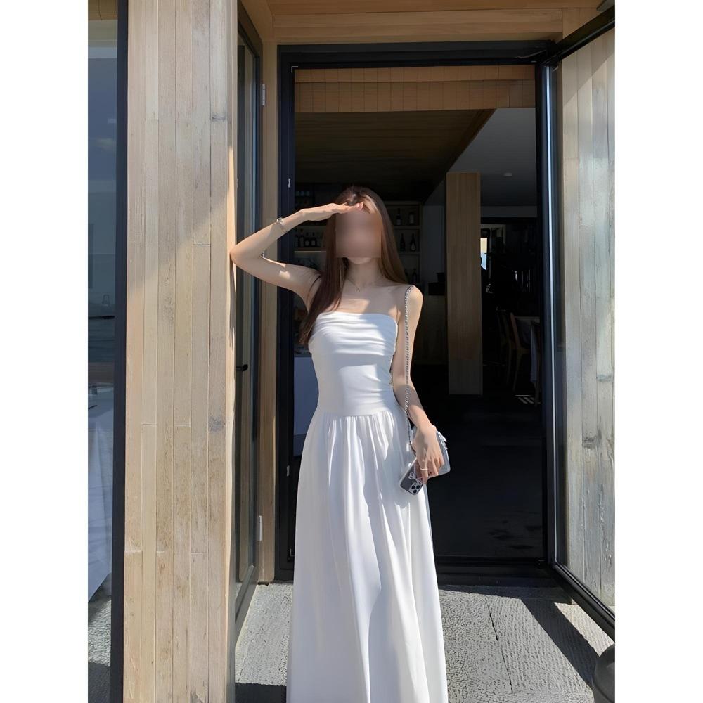 

Two wear black one-word shoulder dress, female casual temperament, female temperament, off-the-shoulder waist long dress, tube top skirt. XL- (recommended 110-60kg) білий