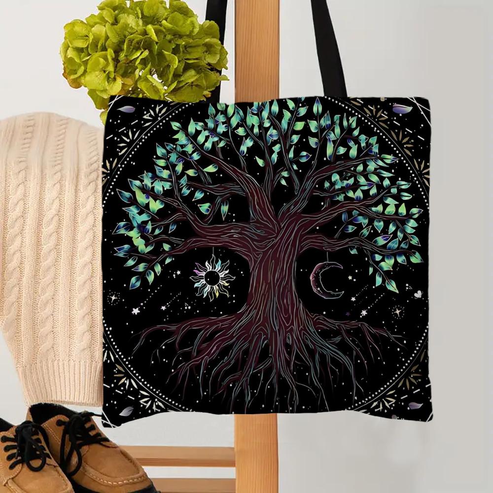 1PC Tree Of Life Tarot Tote Shoulder Bag Moon Phase Plants Bags Storage Handle Shopping Bag Portable Supermarket Bag Tote Bag