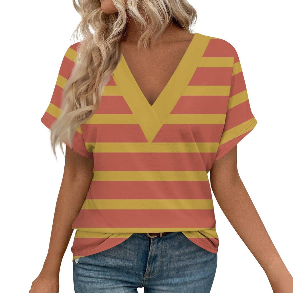 Dámská trička s krátkým rukávem s výstřihem do V a potiskem, ležérní topy, základní trička, halenka, volné topy